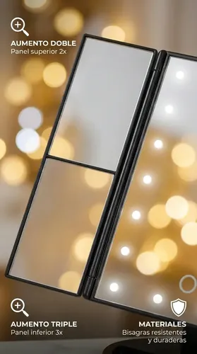 Espejo Mtl Tríptico Con Luz Led Iluminación Portátil Base Reforzada Ideal Maquillaje Profesional Rutinas Belleza Cuidado Facial Tocador Dormitorio Baño Negro Diseño Moderno Elegante Compacto Práctico