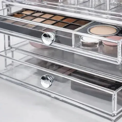 Organizador Acrilico Make Up Con Cajones + Espejo Grande Porta Cosméticos Maquillaje Joyero Exhibidor Accesorios Escritorio 22x18cm Moderno