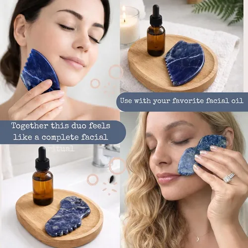 Set Gua Sha Piedra Sodalita Azul Facial Y Cuello