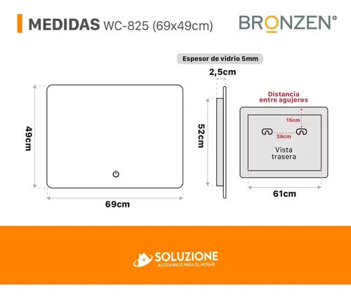 Espejo Horizontal Borde Curvo Luz Led Trasera 70×50