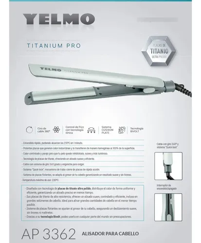 Planchita De Pelo Yelmo Ap3362 Titanium Pro Alisador Cabello