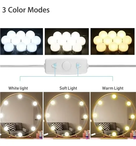 Espejo De Maquillaje Con Luces, 10 Bombillas Led, 3 Colores.