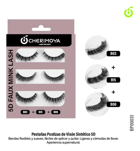 Pack de Pestañas Postizas Cherimoya con Tira Flexible D, Negro