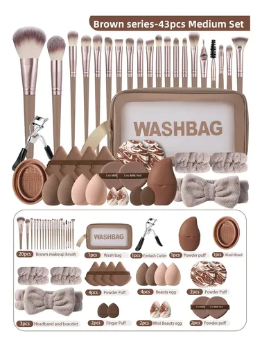 Set 43 Brochas Y Esponjas Maquillaje Con Neceser Marrón Marrón