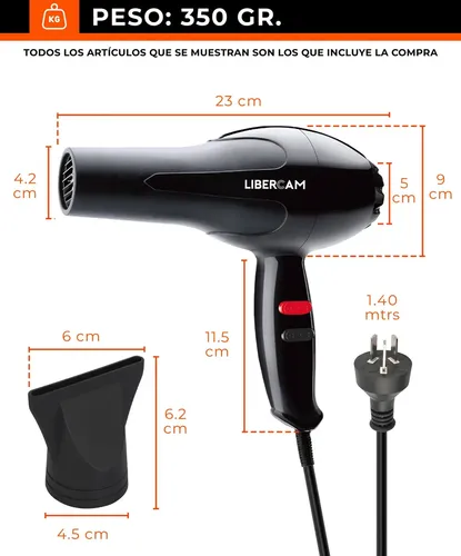 Secador De Pelo Cabello LIBERCAM RSEC-02 Frio Caliente 2 Velocidades 1800W Color Negro