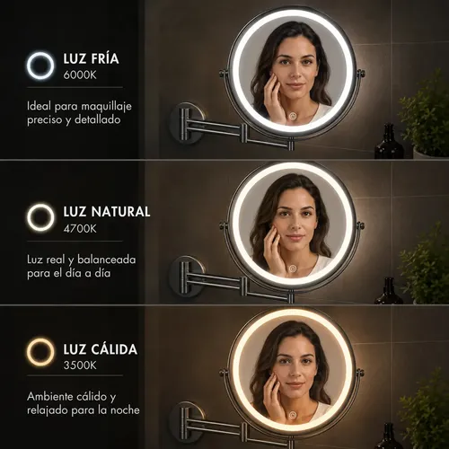 Espejo LED Para Baño Y Maquillaje Aumento 3X Recargable USB Brazo Doble Extensible Giratorio PatiosCrafts Luz Regulable Táctil Instalación Sin Agujeros – Color Gris