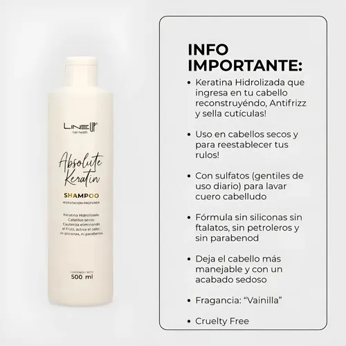 Tratamiento Shampoo Hidra Hidrolized con Keratina Hidrolizada, elimina el Frizz para Cabellos Secos ó Hidratación de Rulos, Sin Siliconas ni Parabenos, Producto Profesional, x 500Mls LineUp