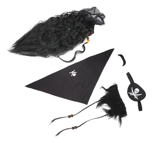 Set De Peluca Con Barba Falsa Y Bigote De Pirata Negro