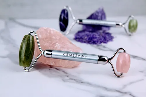 Rodillo Facial Gem Pwr Rose Quartz + Jade Con Mango De Acero