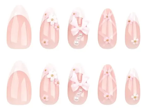 – Uñas Postizas Florales Adornadas Con Un Moño Rosa. =