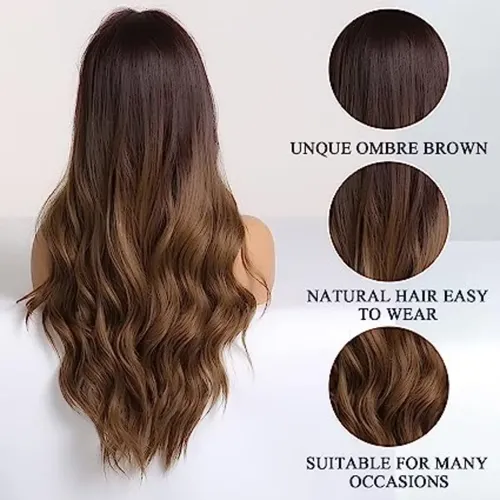 Pelucas Mujer Dama Cabello Naturales Larga Onduladas Marrón