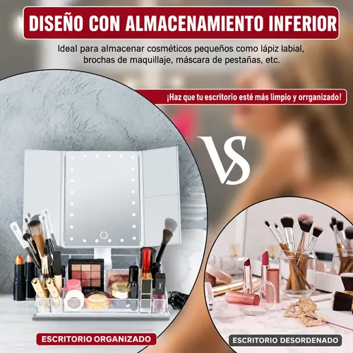 Espejo Maquillaje Led Tríptico Recargable Táctil 3 Aumentos