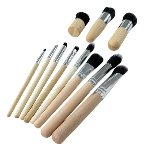 Kit 11 Brochas Maquillaje Mango De Bambú Con Estuche Marrón