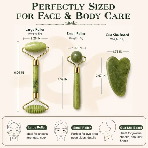 Set Masajeador Facial Jade Roller Gua Sha 3 Piezas Verde