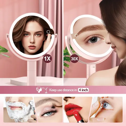 Espejo De Maquillaje Con Luz 30x Aumento Ajustable Rosa