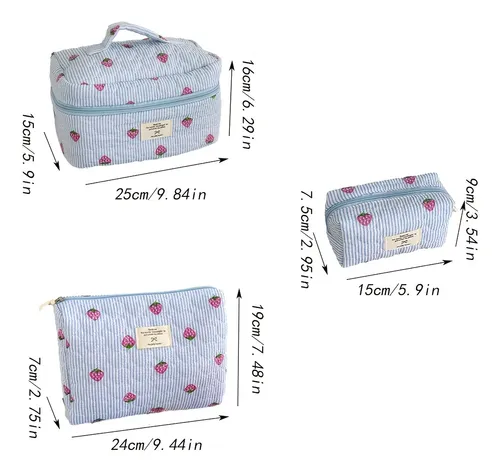 Bolsa De Cosméticos Azul Con Rayas De Fresa, Versátil, Portá Strawberry Stripe Blue Striped With Strawberry Print
