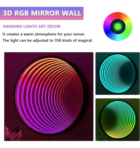 Luz Espejo Infinito 3d Multicolor Colgante 50cm Negro