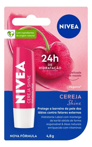 NIVEA Bálsamo Labial Cereza Shine 4,8g, BBB 26, Hidratación Intensa 24h, Color Suave, Brillo Delicado, Cuidado Diario, Manteca de Karité