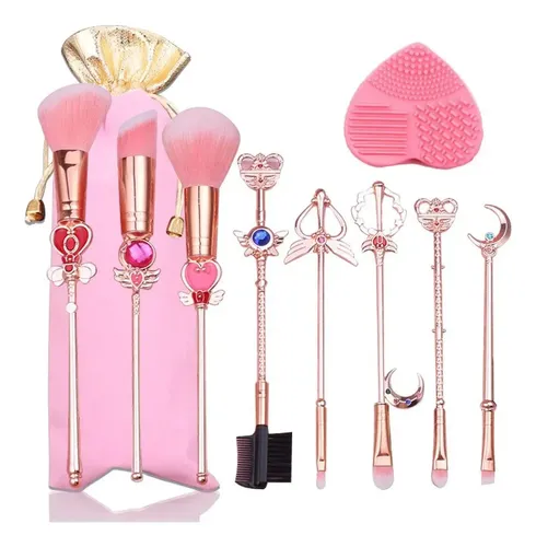 Set De Brochas Maquillaje Sailor Moon 8 Piezas Rosas Rosa Y Dorado
