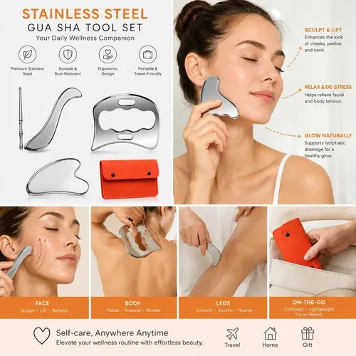 Set Gua Sha Acero Inox Masaje Muscular 4 Piezas