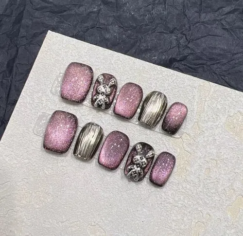 Uñas Postizas Press On Cortas Decoradas 3d Ojo De Gato Y2k