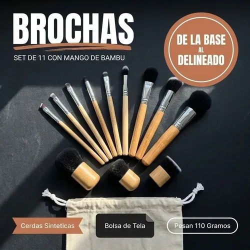 Kit 11 Brochas Maquillaje Mango De Bambú Con Estuche Marrón