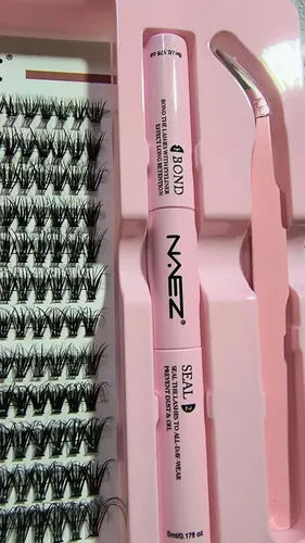 Pestañas Clúster Postizas Con Kit De Aplicación Naez Lash Negro Blast 40d 0.07 Largos Mix