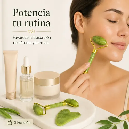 Kit Roller Jade Y Gua Sha Verde Masaje Facial Relajante