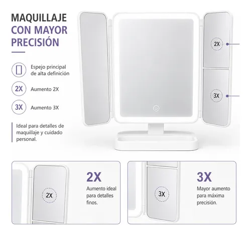 Espejo Maquillaje Con Aumento X2 X3 Luz Led 3 Tonos