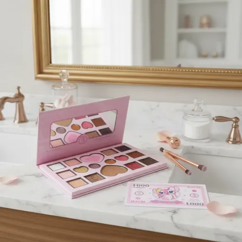 Paleta Maquillaje Sombras Rubor Iluminador Stitch Rosa Cute