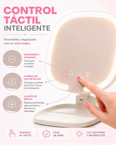 Espejo Luz Led Tactil Recargable Cuadrado Maquillaje Usb