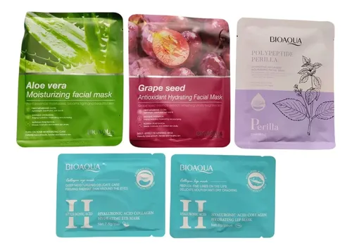 Mascarillas Faciales X5 Hidratantes Glow Aloe Uva Lip Eye