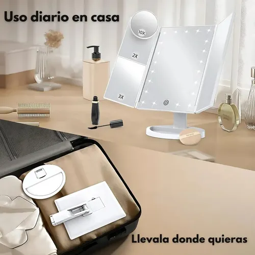 Espejo Tríptico LED Norcel para Maquillaje con Luz Regulable y Aumentos