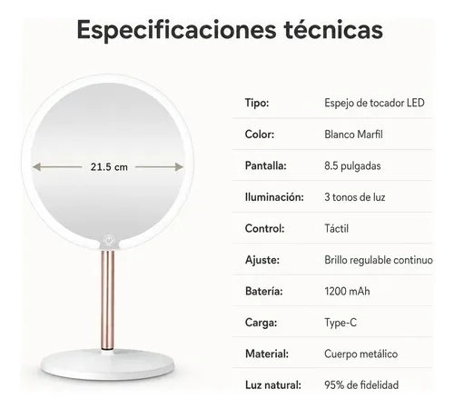 Espejo Maquillaje Led Redondo 21.5cm 3 Tonos Recargable