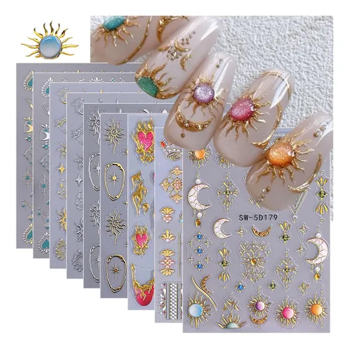 Stickers Para Uñas Stzpronail 9 Hojas 5d 3d Sol Luna Estrell