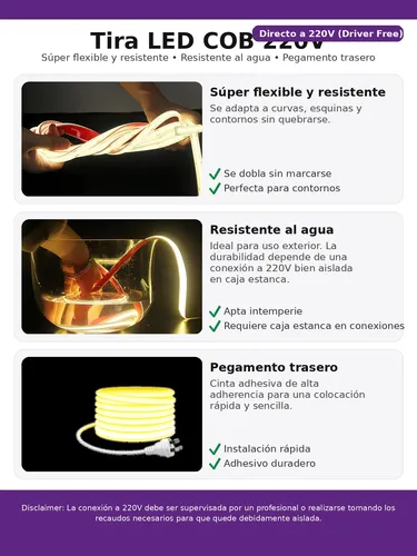 Tira Led 5m Cob 220v Directo Sin Driver Exterior Con Enchufe