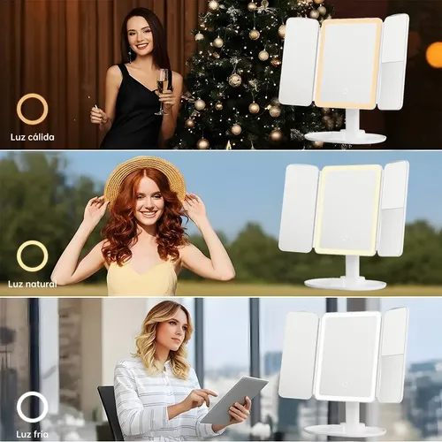 Espejo Maquillaje LED Cuadrado Plegable Con Luz, Aumento 2x y 3x, y 3 Modos de Iluminación Ajustable