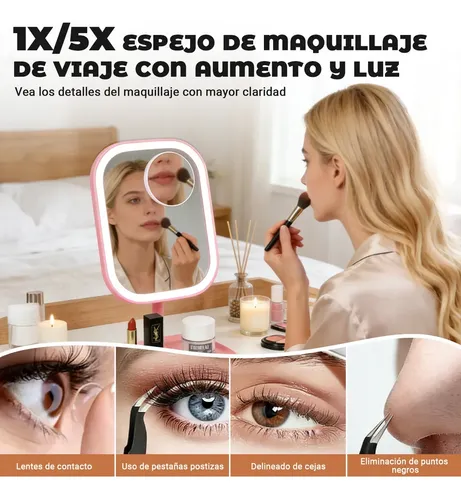 Espejo For Maquillaje Con Luz Recargable Usb Lupa 5 Veces