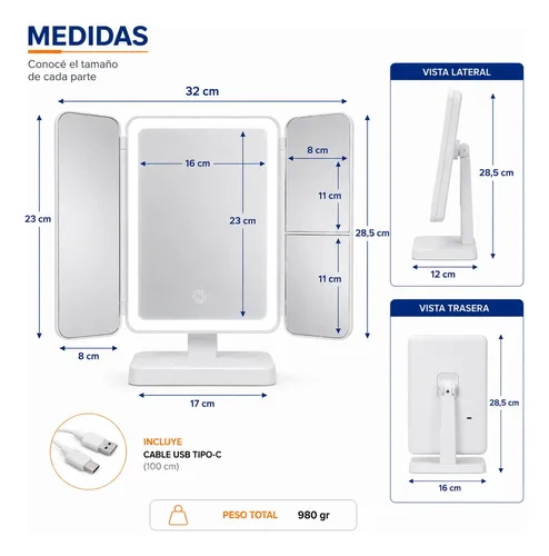 Espejo De Maquillaje Con Luz Led Táctil Blanco Con Aumento