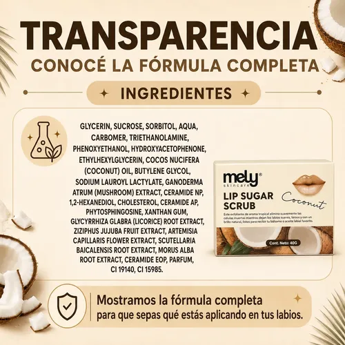 Exfoliante Labial Mely Azúcar Coco Ceramidas Lip Scrub 40g