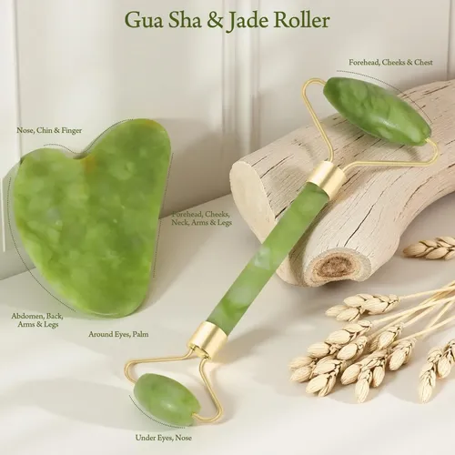 Set Masajeador Facial Real Perfection Rodillo Gua Sha Verde