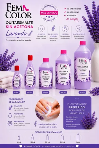 Quitaesmalte Lavanda Sin Acetona Manicuria 250ml Femcolor