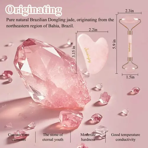 Set Gua Sha Verde Y Rodillo Cuarzo Rosa Antichoque