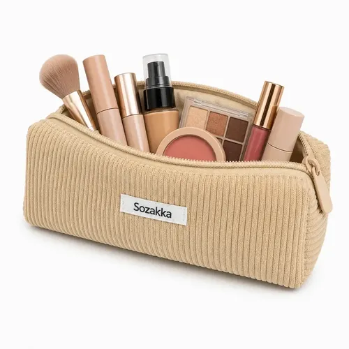 Neceser de Corderoy Beige para Maquillaje y Viaje de Mujer