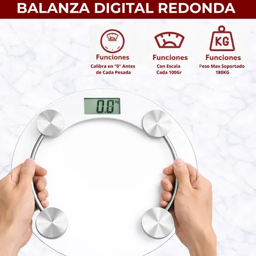 Balanza Digital De Baño Redonda Hasta 180kg Vidrio Templado