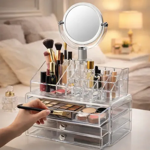 Organizador Acrilico Make Up Con Cajones + Espejo, Grande Transparente