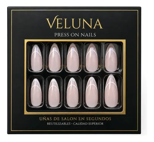 VELUNA Uñas Press On Francesitas Varios Diseños Reutilizables – Almendra Doble Línea