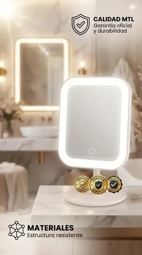 Espejo Mtl De Mesa Rectangular Con Luz Led Portátil Diseño Moderno Minimalista Blanco Maquillaje Profesional Cuidado Personal Tocador Dormitorio Baño Iluminación Natural Precisa Elegante Compacto