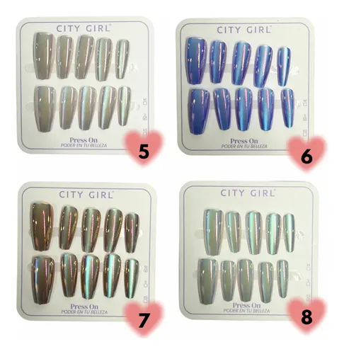 Kit Uñas Postizas Coffin Press On Efecto Aurora Con Adhesivo