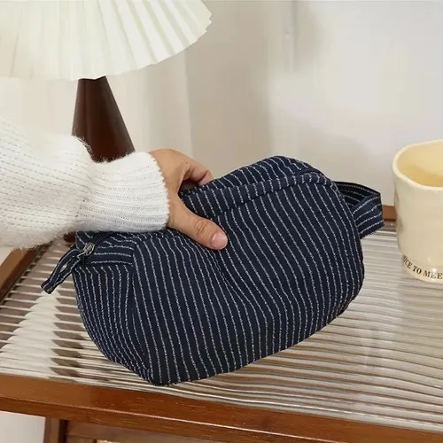 Bolsa De Maquillaje De Viaje A Rayas, Gran Capacidad Navy Bl Navy Blue With White Stripes Striped
